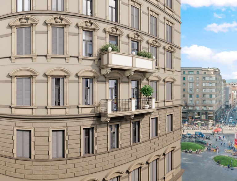 Vista esterna di palazzo italiano con persiane bianche scorrevoli interno muro linea Camilla