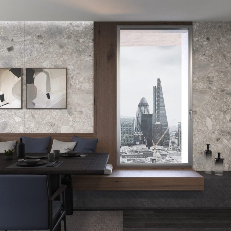 Interno con finestra in alluminio a tutta altezza e vista sulla città